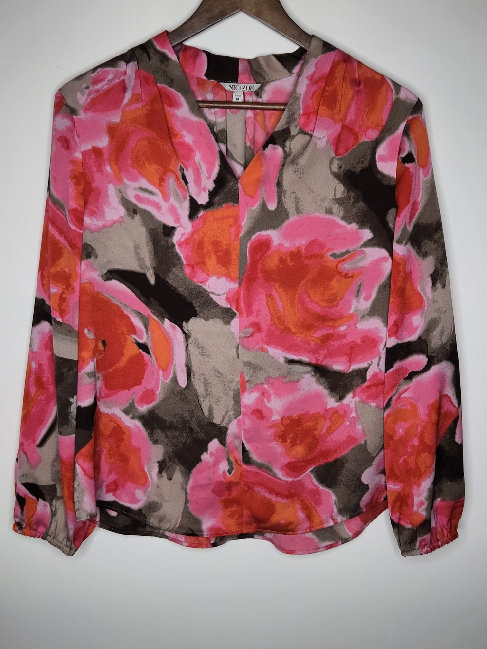 NIC+ZOE Pink & Orange Silky Floral V-Neck Long Sleeve Modern Blouse Women's M
